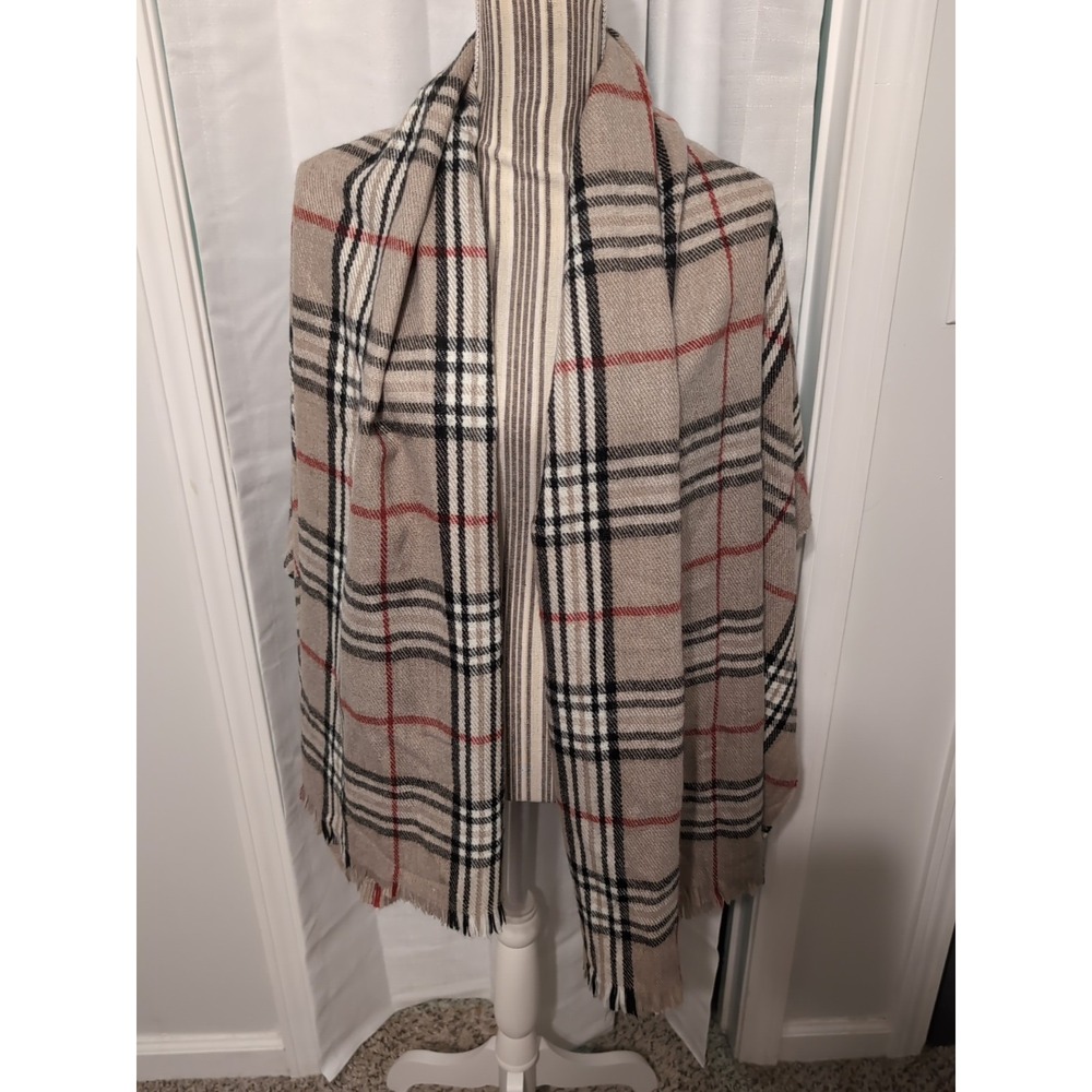 V. FRAAS Cozy Camel Red Black Plaid Open-Front Poncho Wrap Shawl Cape Fall